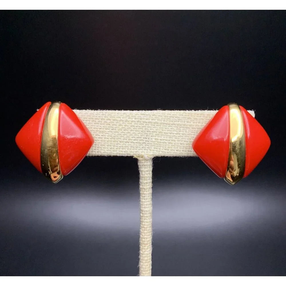 Monet Red Plastic Gold Tone Clip On Earrings Vintage Classic Signed